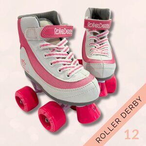 Girls Roller Skates Roller Derby Adjustable– Pink & White – Size Jr 12
